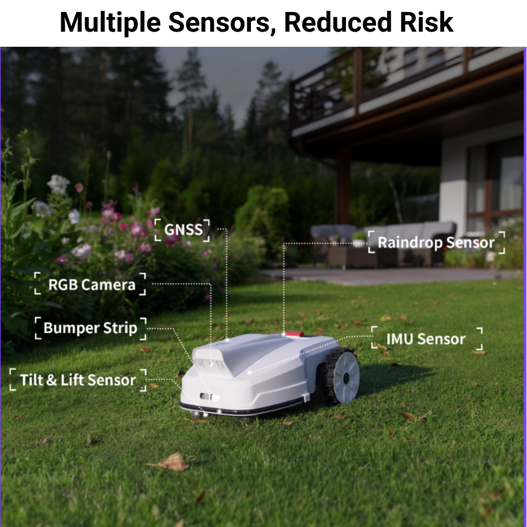 Robotic lawn mower on grass with sensor labels in a garden setting