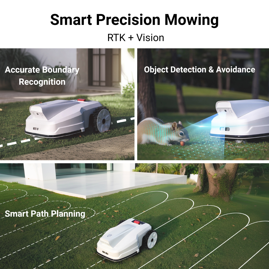 Robotic lawn mower with features like smart precision mowing, RTK + Vision, accurate boundary recognition, object detection & avoidance, and smart path planning.