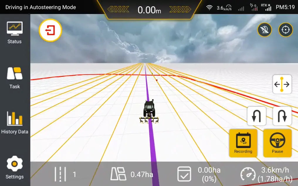 Farm management software interface showing a tractor on a field with various control icons and status indicators.