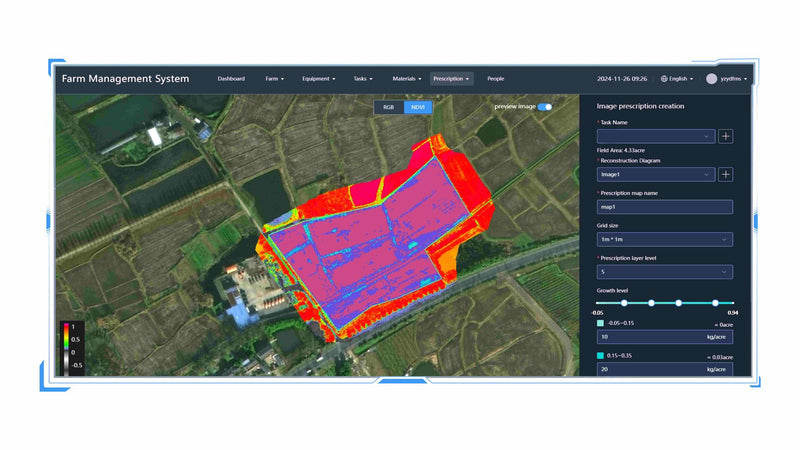 Farm management system software interface showing a color-coded map of a farm.