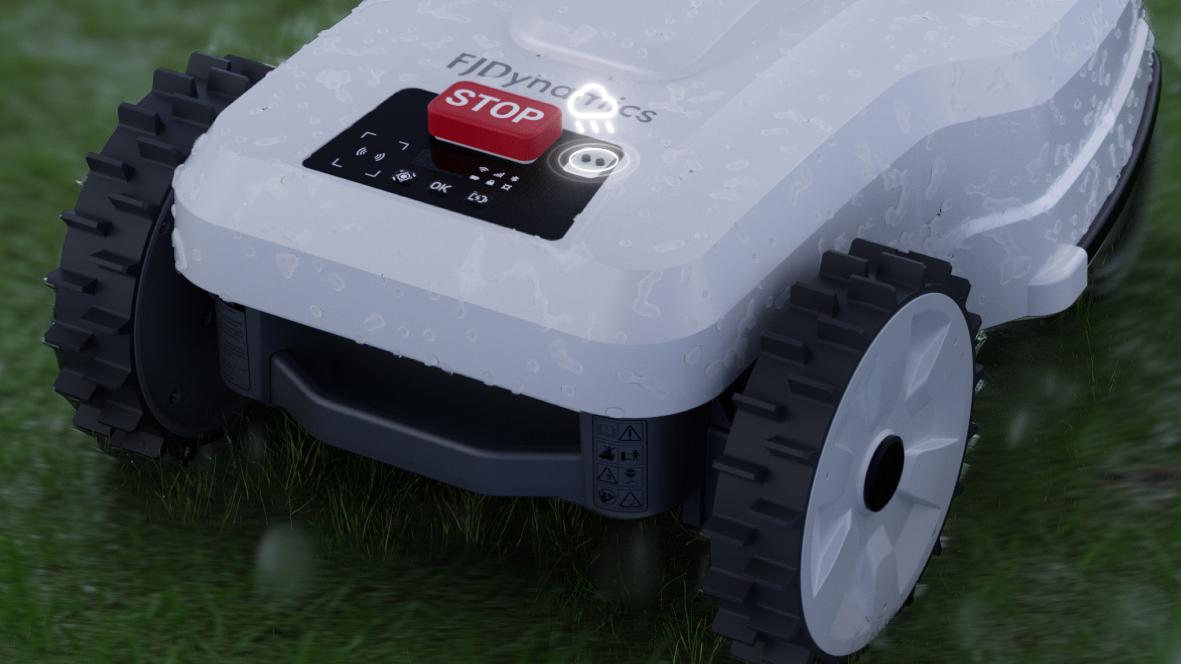 Robotic lawn mower on grass with automatic rain detection.